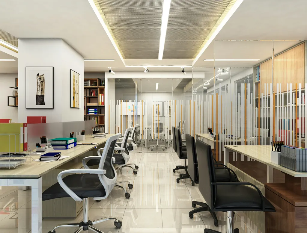 Office desks and workstations in a commercial workspace